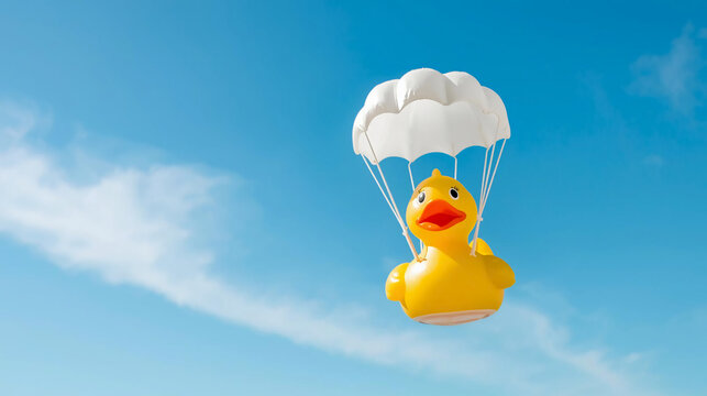 A yellow rubber duck floats through a bright blue sky with light clouds, suspended from a small white parachute.