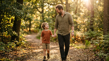 Fototapeta premium Smiling father and son walking hand in hand in sunny forest