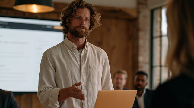 Sales enablement trainer in a warmly lit conference room leads a small team through a new pitch framework loaded in the platform dashboard, product knowledge assessments and