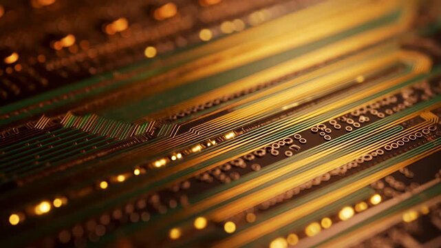 Glowing Circuit Board Detail. A close-up of a green circuit board fills the frame diagonally