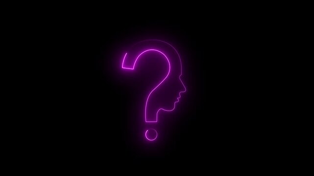 "Glowing neon human head with question mark icon on black background. Smooth neon glow effect."