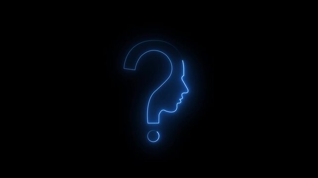"Glowing neon human head with question mark icon on black background. Smooth neon glow effect."