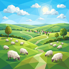 Fototapeta premium Low Poly Sheep Grazing in Sunny Rural Hills Village Landscape