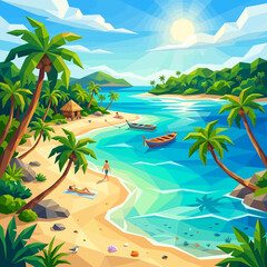 Fototapeta premium Tropical beach paradise geo art, palm trees, blue ocean, clear sky, vacation