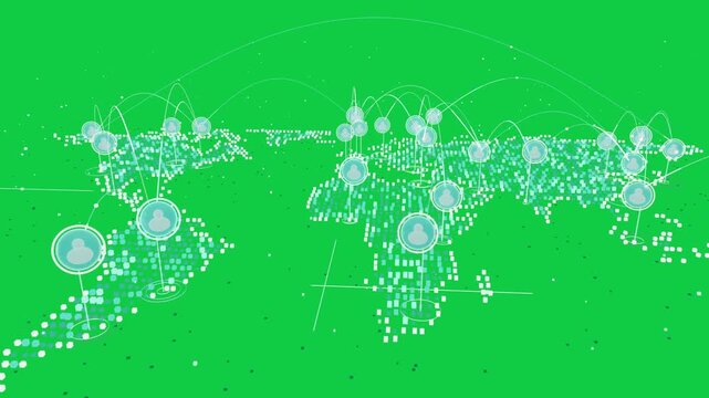 On load, pixel map forming, nodes appearing, pulsing, arcs tracing connections on transparent plane