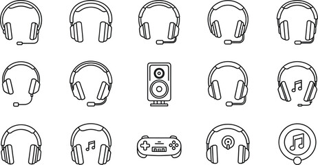 Headphones and Audio Equipment Line Icon Set with Headset Microphone Speaker Gamepad and Music Note Symbols for Gaming Studio Web App Designs © Ashik 