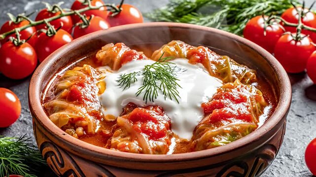 Traditional stuffed cabbage rolls served in clay bowl.