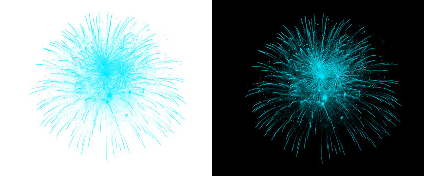 Cyan blue fireworks explosion on black and white backgrounds, vibrant pyrotechnic burst for celebration, glowing blue firework display for holiday events