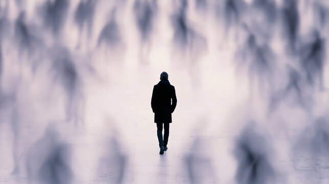 Solitary man walks away, deep within a vast, crowded city street. Surrounding people are blurred, creating a strong sense of isolation and constant movement.