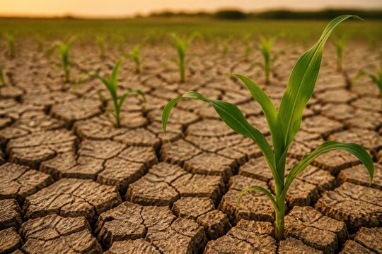 Seedlings growing in cracked dry soil under drought and climate change conditions