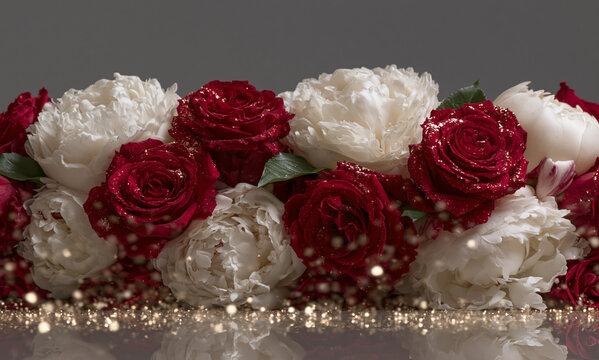 Arrangement of red roses and white peonies with golden glitter. Elegant wedding floral background for greeting card. Romantic spring flower composition with sparkling festive bokeh.
