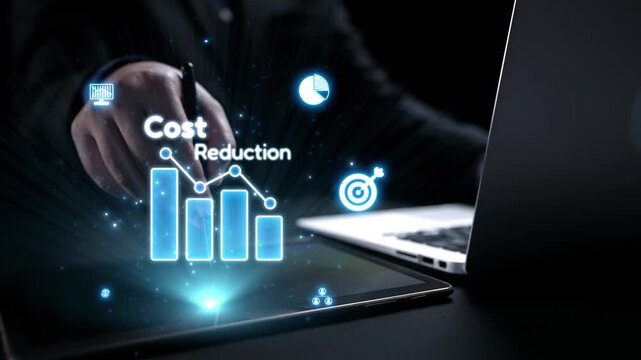 This image illustrates cost reduction strategies using digital visuals and graphs on a laptop, highlighting finance and technology in a professional workspace. Qubit