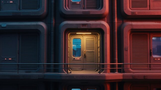 Futuristic sci fi doorway on space station module, metal walls with vents and pipes. Dark corridor interior visible through window. Sci-fi setting.