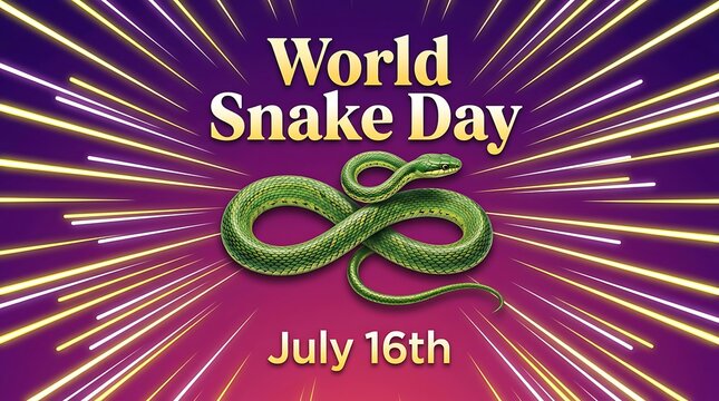 Colorful world snake day celebration poster with green snake and radiant background design