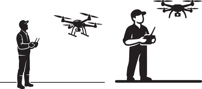 Drone Operators And Quadcopters Black Silhouette On White Background