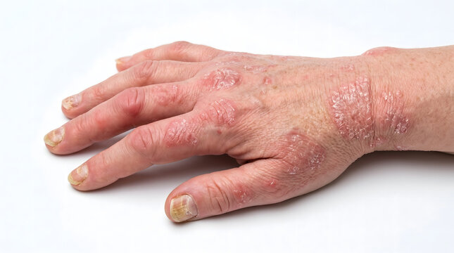 Close-up of human hand with psoriatic plaques on skin and nail psoriasis on white background. Concept of dermatology, autoimmune disease and eczema. AI generated.
