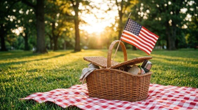 Picnic basket with american flag on red and white checkered blanket