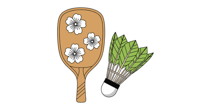 Traditional japanese hagoita wooden paddle decorated with cherry blossoms and a feathered shuttlecock on white background.