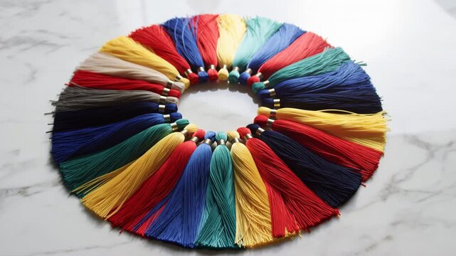Colorful tassel ring centered on marble surface