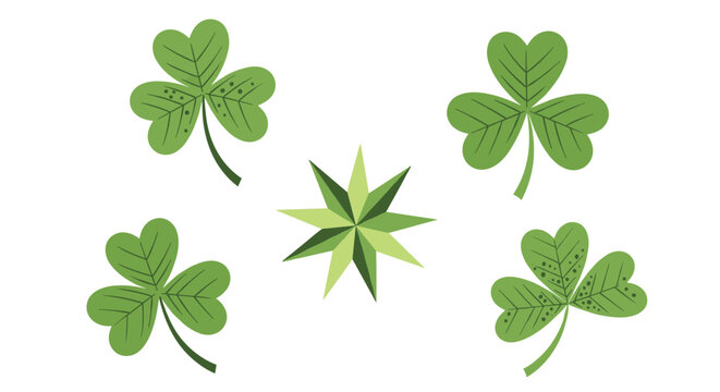 Green clovers and star shaped leaves are scattered across a plain white background for Saint Patricks Day holiday.