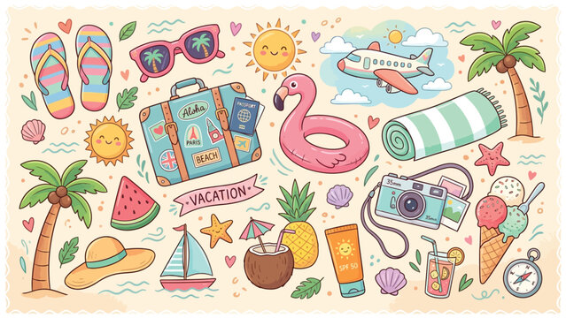 Colorful summer vacation icons with palm trees and beach items
