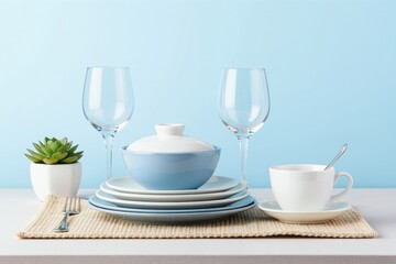 Fototapeta premium Clean minimalist tableware set with blue and white bowls plates wine glasses and cup. Place setting with fork and spoon on textured mat. Small green succulent plant adds decorative touch.