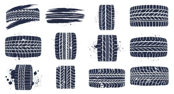 Set of grunge tire track marks and tread patterns