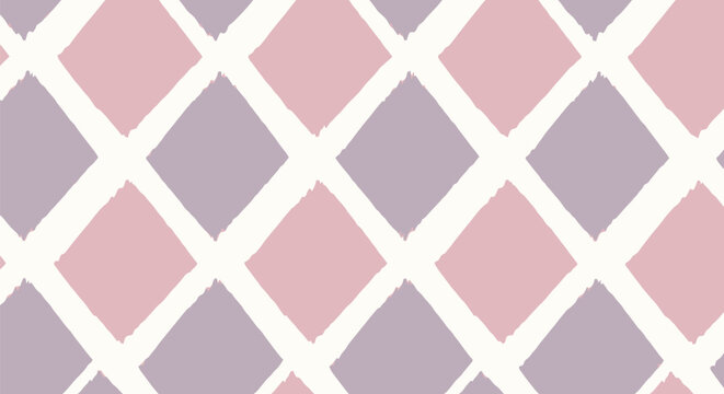 Soft pink and lilac diamonds with rough edges on white background seamless geometric pattern boho chic style artistic brush stroke texture.