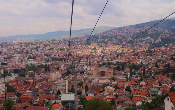 Panoramic view of Sarajevo from the Trebevic cable car in Bosnia and Herzegovina
