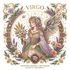 Obraz premium Elegant Celestial Virgo Zodiac Maiden Illustration with Floral Accents and Mythological Astrological Symbolism