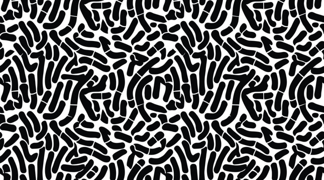 Seamless pattern featuring abstract organic shapes resembling worms or bacteria in black on a white background, for textile and wallpaper