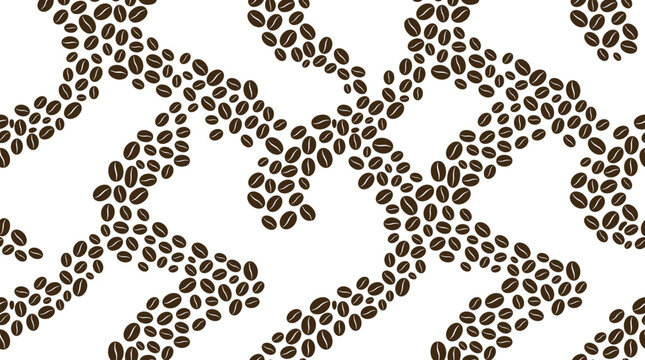 Seamless repeating pattern of roasted coffee beans arranged in wavy flowing lines on a clean white background, for cafe branding
