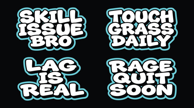 Set of four gaming themed text stickers featuring bold white letters with cyan outlines on a black background