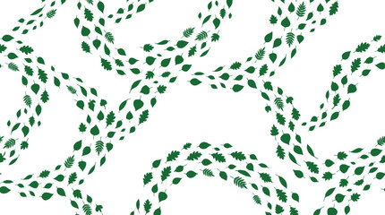 Seamless pattern featuring wavy trails of assorted green forest leaves arranged in interlocking curves on a white background © Sifat