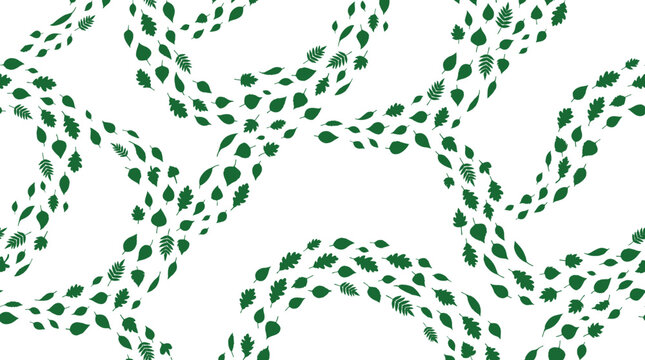 Seamless pattern featuring wavy trails of assorted green forest leaves arranged in interlocking curves on a white background