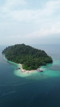 Aerial Of Tropical Jungle Island Beach Boats And Coral Reef