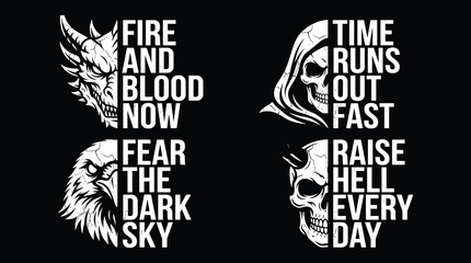 Set of four dark themed featuring a dragon skull eagle and demon with motivational text quotes on a solid black background, for apparel © Sifat