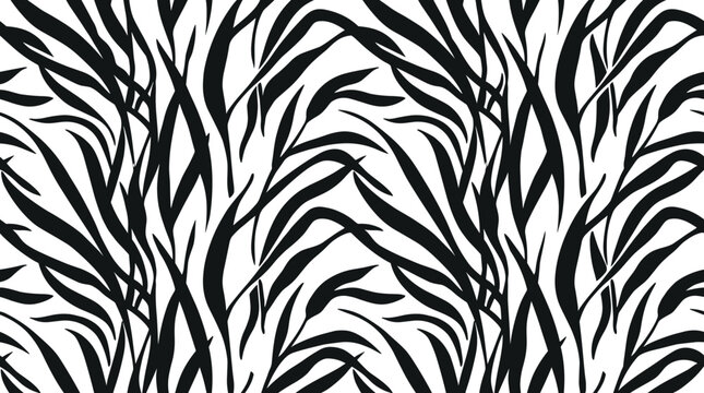 Seamless repeating pattern of abstract black leafy branches and organic wavy shapes on a white background, for fabric textile, and wallpaper surface