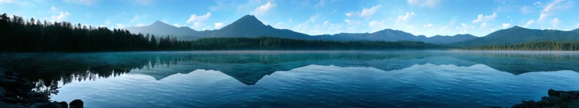 Blue Mountain Lake Panorama with Forest Reflection, Calm Wilderness Nature Landscape Animation, Widescreen Loop