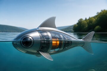 Fototapeta premium Futuristic fish shaped submarine floating in clear water