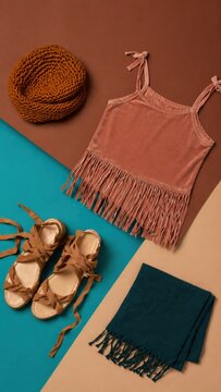 Flat Lay of Boho Chic Summer Fashion Outfit with Fringe Velvet Camisole, Lace-Up Sandals, Knitted Beanie, and Teal Scarf on Color Block Background