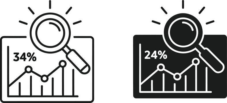 Two contrasting icons representing data analysis with a magnifying glass over charts and percentages