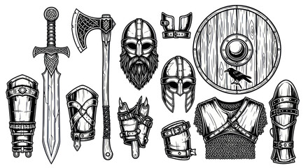 Ancient viking warrior weapons and armor set in woodcut style © Wijil