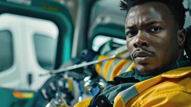 African American male industrial worker in high-visibility safety gear sweating from intense labor while sitting in transport vehicle cab or operating heavy machinery during shift