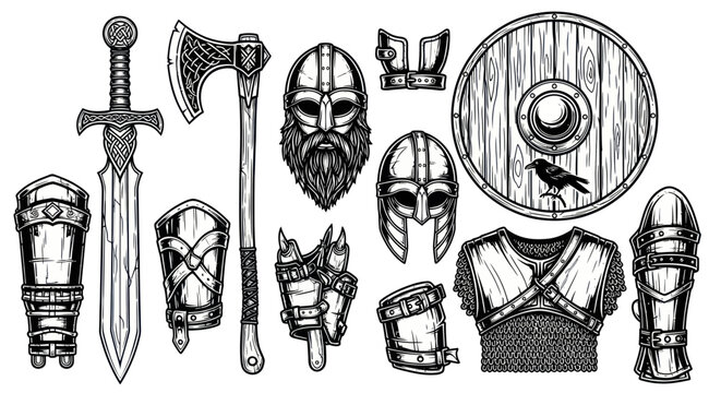 Ancient viking warrior weapons and armor set in woodcut style