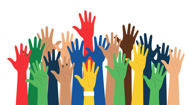 Group of colorful hands raised up for diversity and inclusion