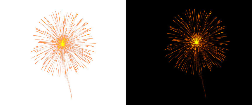 Golden firework burst isolated on white and black background, glowing orange pyrotechnic explosion, festive firework display for holiday celebration