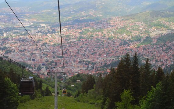 Cable car overlooking Sarajevo from Mount Trebevic in Bosnia and Herzegovina