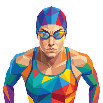Geometric swimmer, colorful polygon art, determined athlete portrait