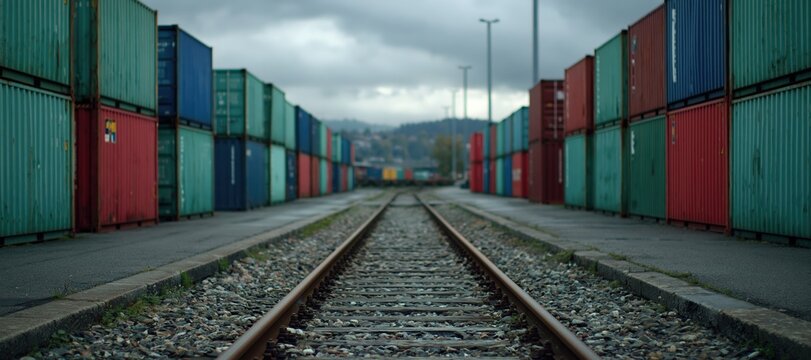 Stacked industrial containers in storage yard with railway track perspective